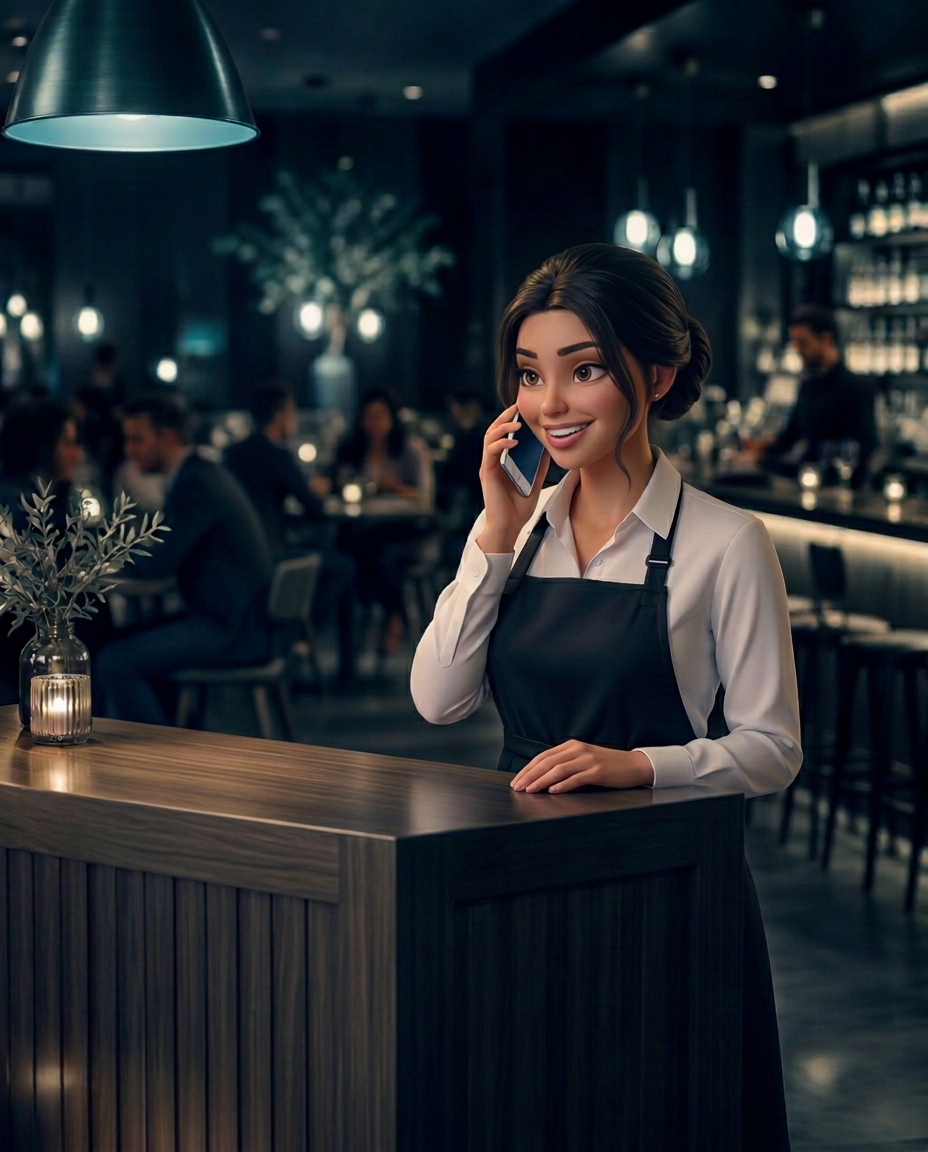 A 3D animated restaurant host taking a phone order at the front desk while ReStok AI works in the background