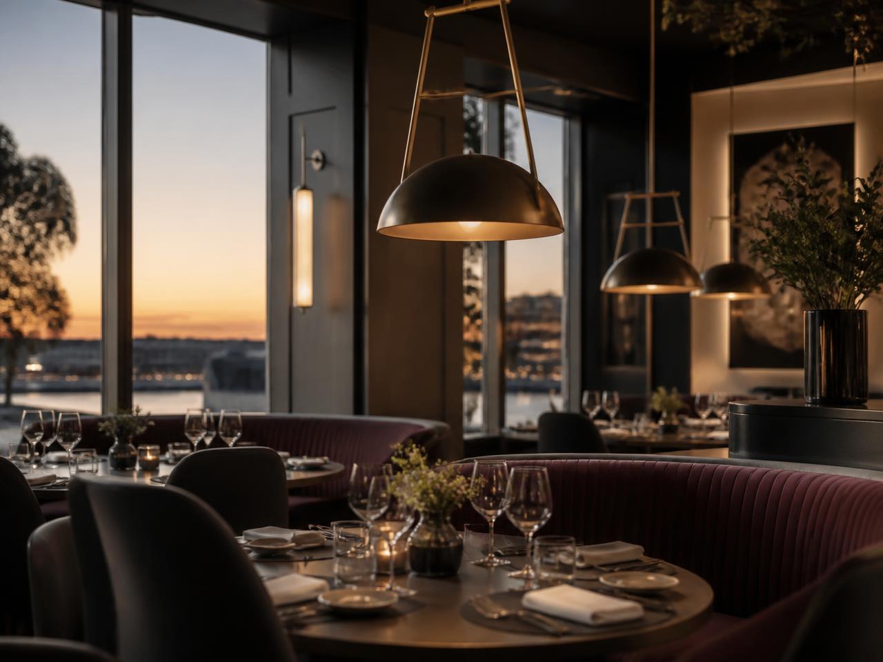 Warmly lit dining room of a modern restaurant at dusk